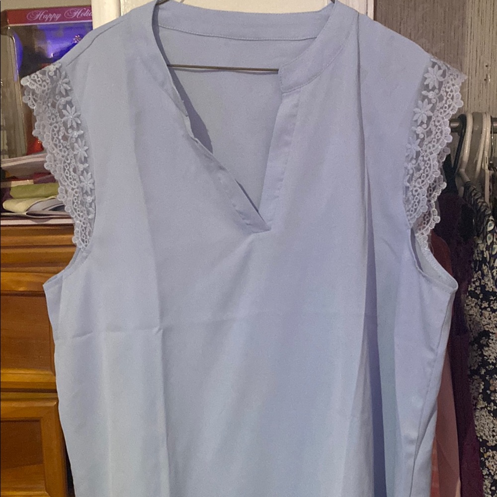 Light Blue Sleeveless Top with Lace Trim